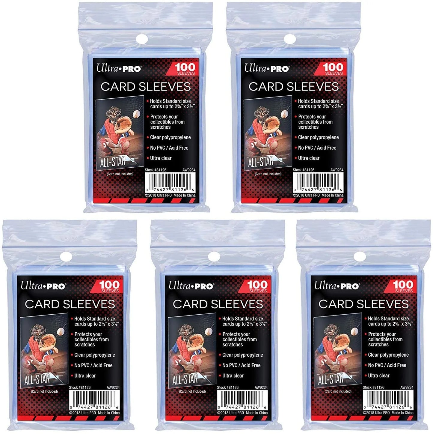5 (Five) Pack Lot of 100 Soft Sleeves/Penny Sleeve for Baseball Cards & Other Sports Cards
