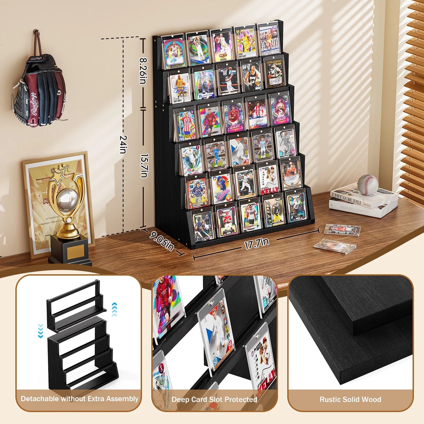 Trading Card Display Stand, 6 Tier Wood Vertical Holder for Baseball Basketball Sports Graded Card Display Stand Tabletop for Trading Card Collection, Black