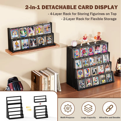 Trading Card Display Stand, 6 Tier Wood Vertical Holder for Baseball Basketball Sports Graded Card Display Stand Tabletop for Trading Card Collection, Black