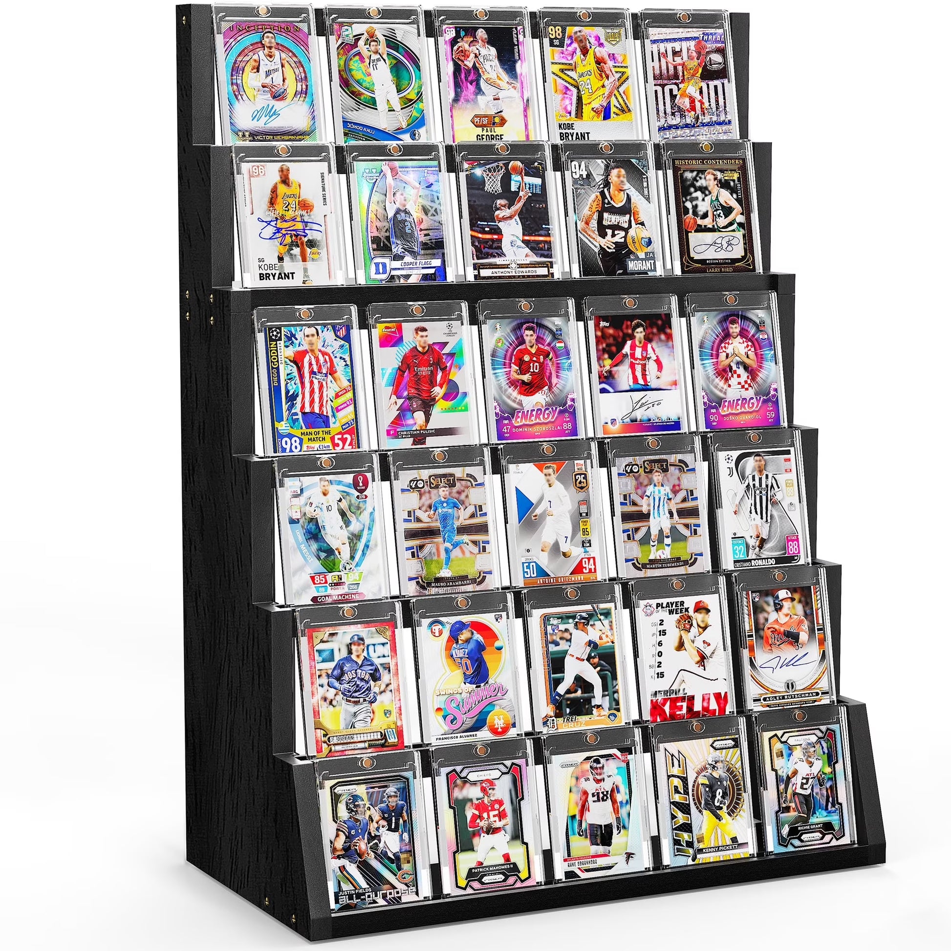 Trading Card Display Stand, 6 Tier Wood Vertical Holder for Baseball Basketball Sports Graded Card Display Stand Tabletop for Trading Card Collection, Black
