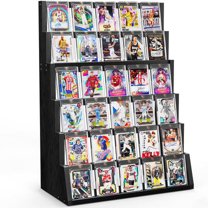 Trading Card Display Stand, 6 Tier Wood Vertical Holder for Baseball Basketball Sports Graded Card Display Stand Tabletop for Trading Card Collection, Black
