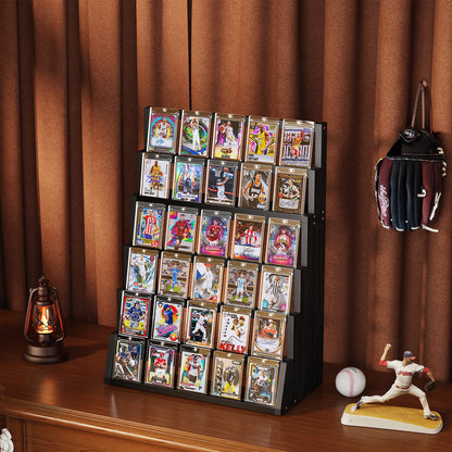 Trading Card Display Stand, 6 Tier Wood Vertical Holder for Baseball Basketball Sports Graded Card Display Stand Tabletop for Trading Card Collection, Black