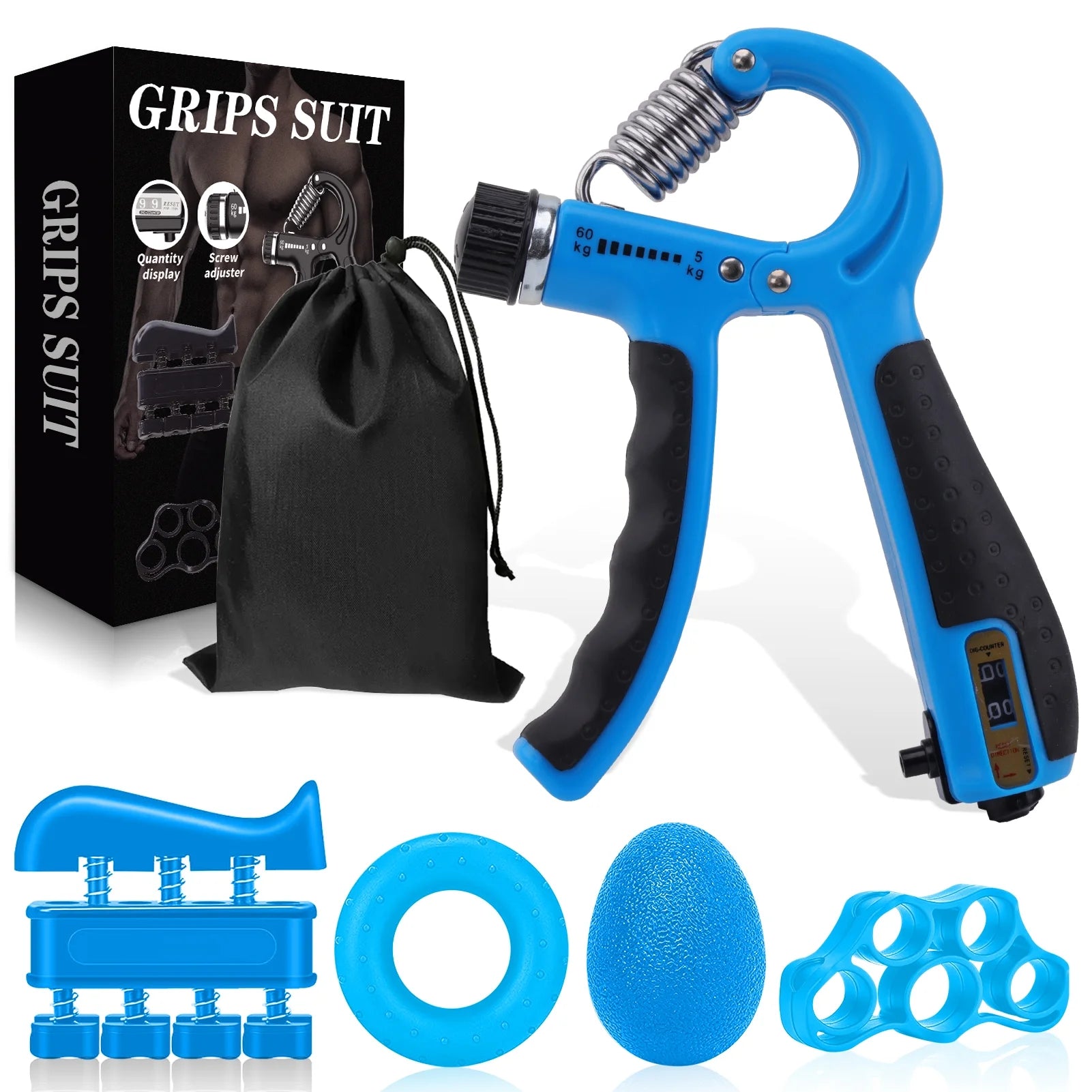 Hand Grip Strengthener 5-In-1, Adjustable Forearm Grip Strength Trainer for Finger Wrist, Blue