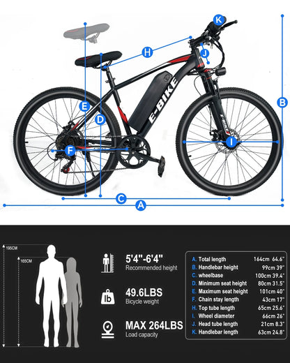 Electric Bike for Adults 750W Peak Motor, 25 Mph Ebike, 26" Tire Electric Bicycles with Max 15° Uphill, 36V 12Ah Battery, 45 Miles PAS Range, E Bikes for Adults and Teens,E-Mountain Bike, UL 2849