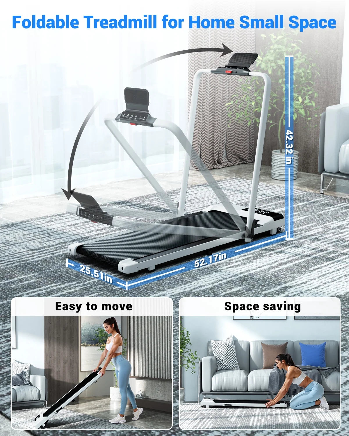 Walking Pad Treadmill with Incline and Handle Bar, 3.0 HP Foldable Treadmills 300LBS Capacity Folding Walking Pad 3 in 1 under Desk Treadmill Remote Control with APP