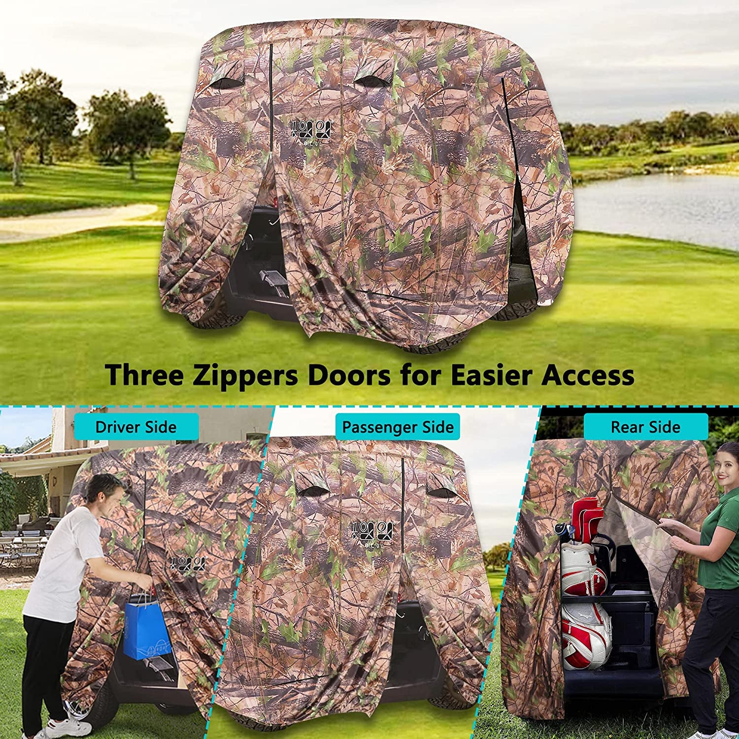Golf Cart Cover 2/4/4+2 Passenger for Yamaha EZGO Club Car, Heavy Duty 420D Waterproof Windproof Durable Polyester Golf Cart Cover with 3 Zipper Doors for All-Weather Protection (Black/Silver)​​