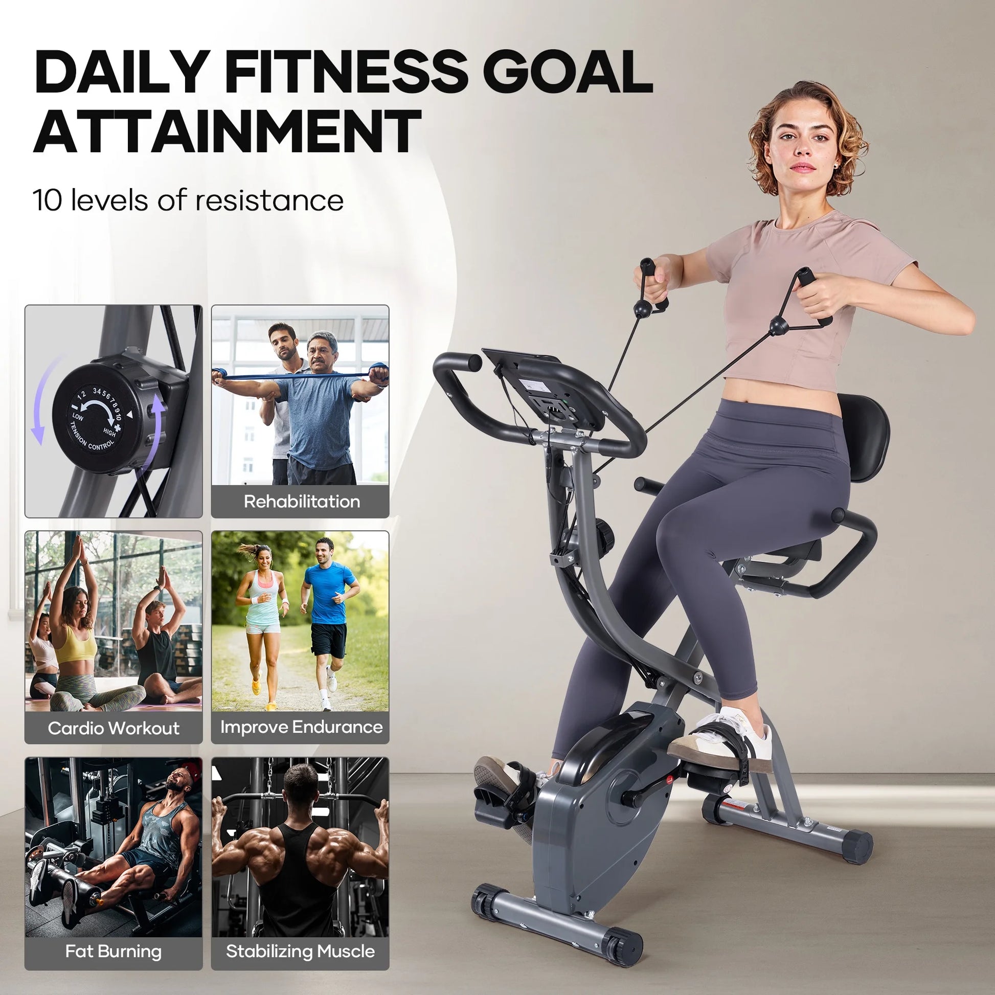 3In1 Folding Exercise Bike Magnetic Upright Bike with 10 Levels of Adjustable Resistance Indoor Cycling Stationary Exercise Bike Perfect for Home Use