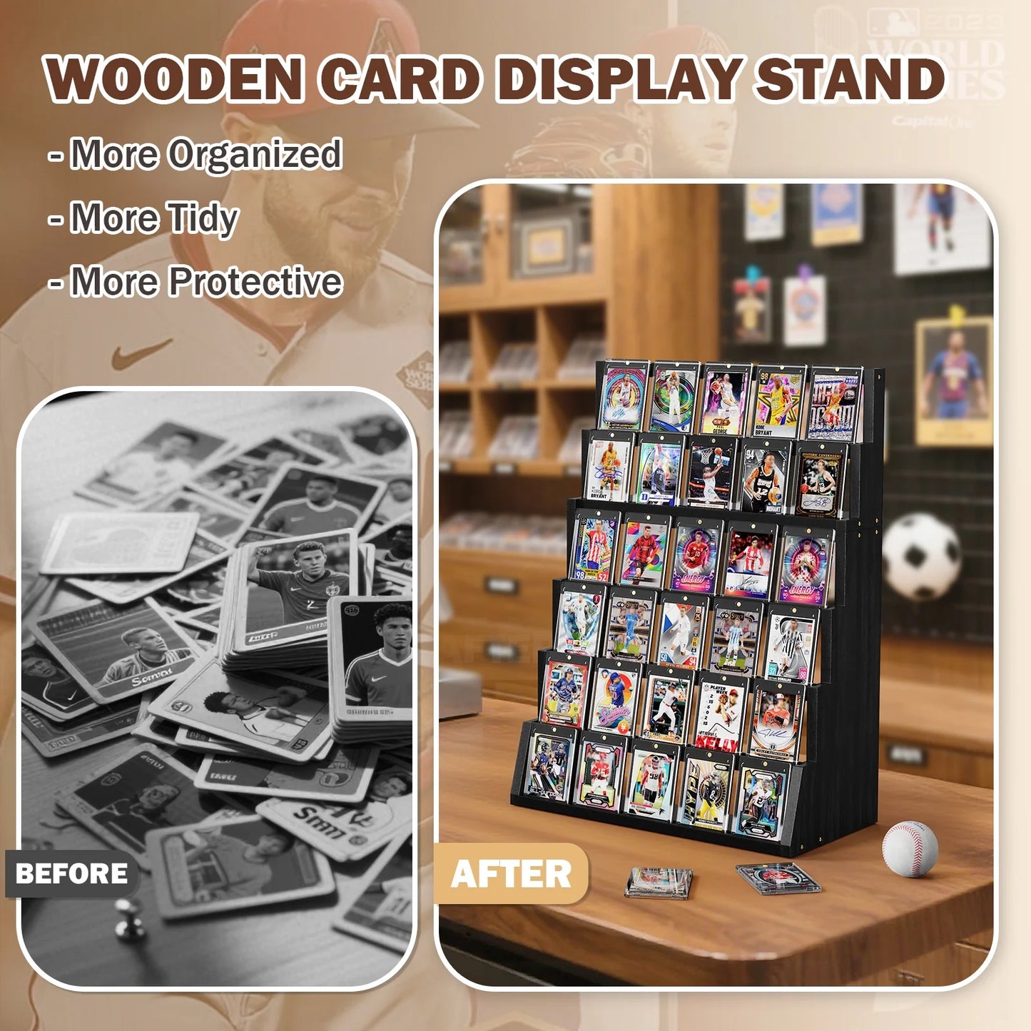 Trading Card Display Stand, 6 Tier Wood Vertical Holder for Baseball Basketball Sports Graded Card Display Stand Tabletop for Trading Card Collection, Black