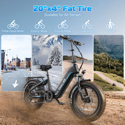 Electric Bike for Adults, Peak 1025W Mountain E Bike, 48V 13AH Removable Lithium-Ion Battery Ebikes, 20"X4.0" Fat Tire Electric Bicycles, 3A Fast Charge, 60 Miles Man Woman UL2849 Certified