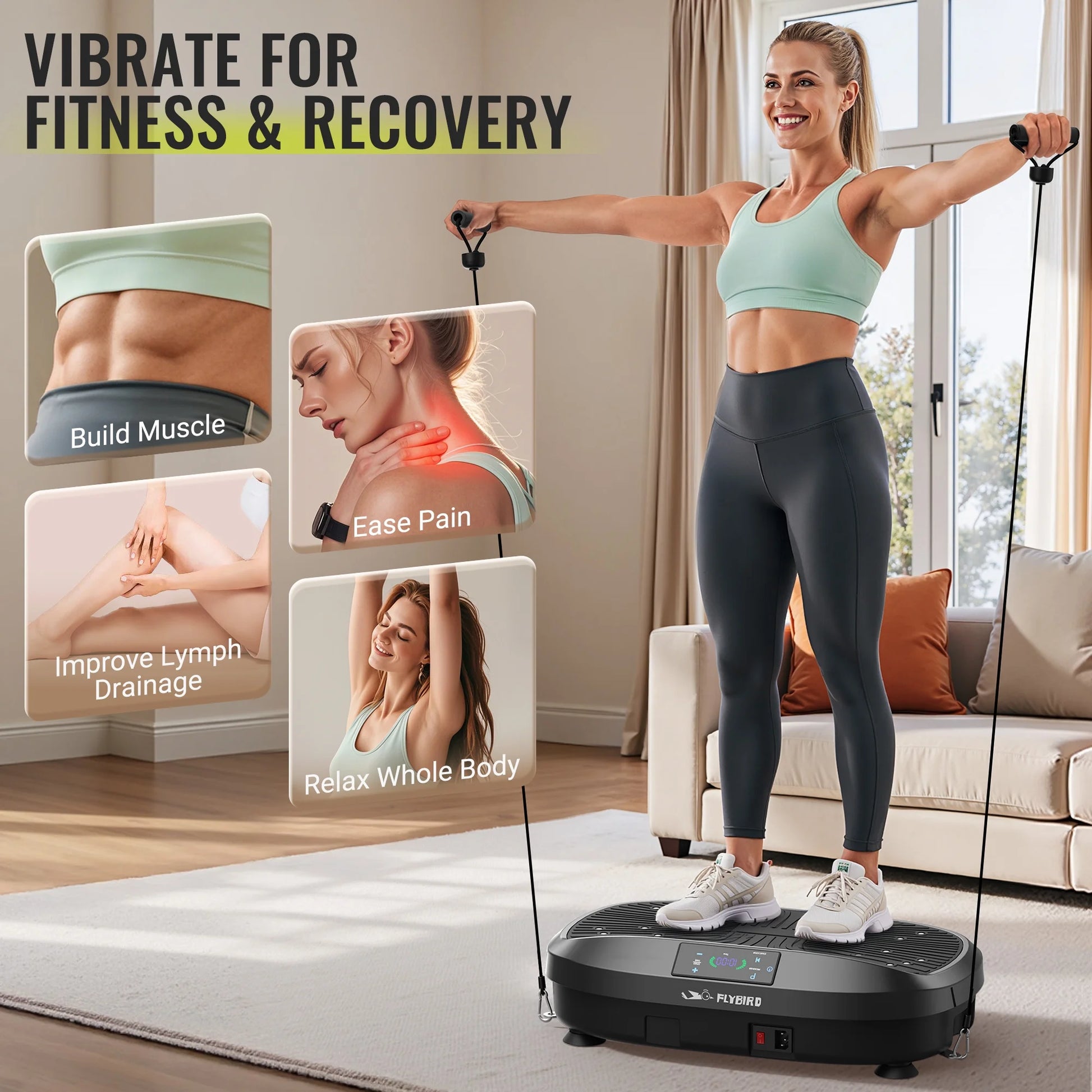 Vibration Plate, Whole Body Workout Vibration Fitness Platform for Lymphatic Drainage, with 2 Resistance Bands