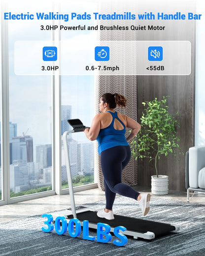 Walking Pad Treadmill with Incline and Handle Bar, 3.0 HP Foldable Treadmills 300LBS Capacity Folding Walking Pad 3 in 1 under Desk Treadmill Remote Control with APP