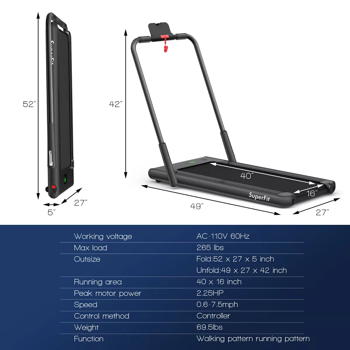 Superfit 2.25HP 2 in 1 Foldable under Desk Treadmill Remote Control