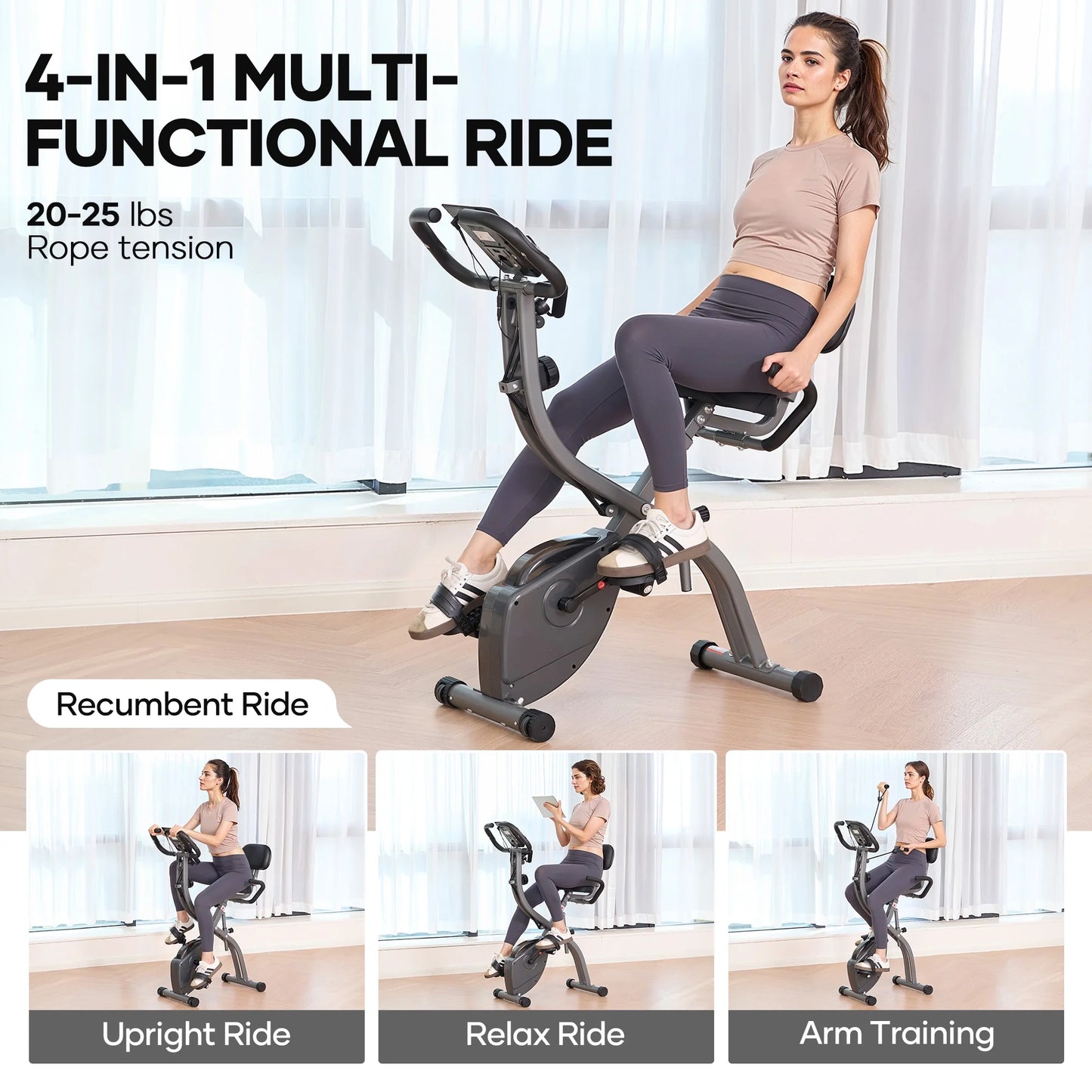 3In1 Folding Exercise Bike Magnetic Upright Bike with 10 Levels of Adjustable Resistance Indoor Cycling Stationary Exercise Bike Perfect for Home Use