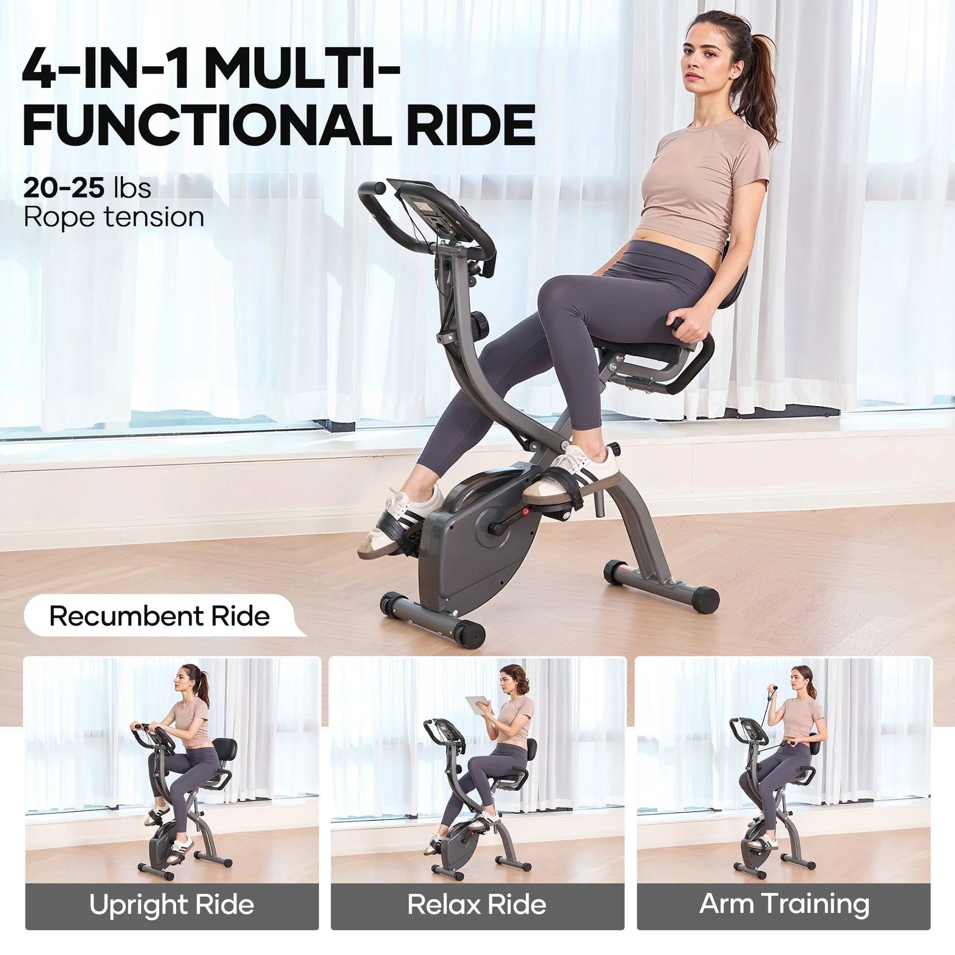 3In1 Folding Exercise Bike Magnetic Upright Bike with 10 Levels of Adjustable Resistance Indoor Cycling Stationary Exercise Bike Perfect for Home Use